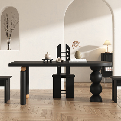 冈州中古风长岸实木餐桌小户型家用饭桌黑色现代简约半圆形方桌子