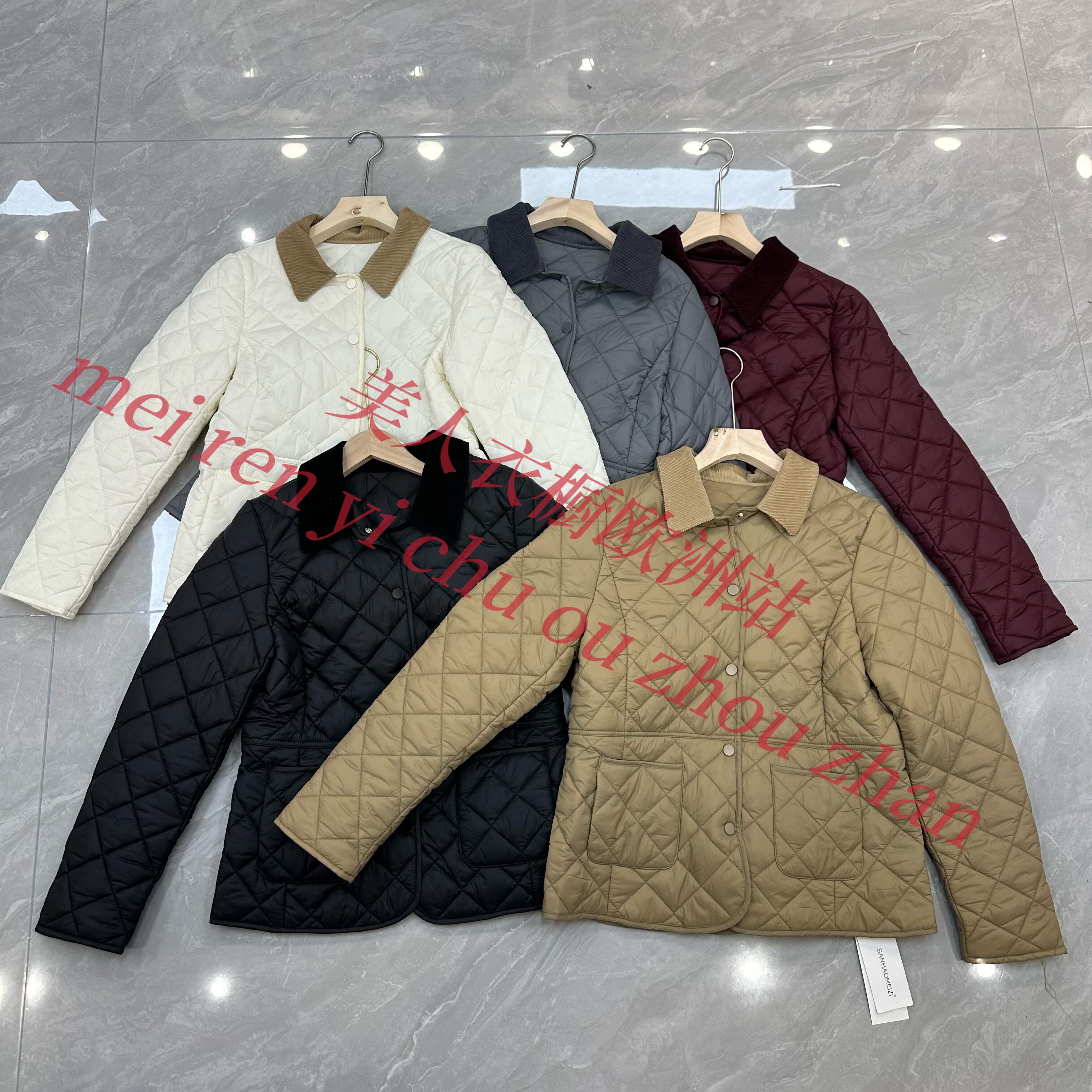 欧洲站2023秋冬新款女士棉服百搭外套拼接灯芯绒领口菱形轻薄棉衣