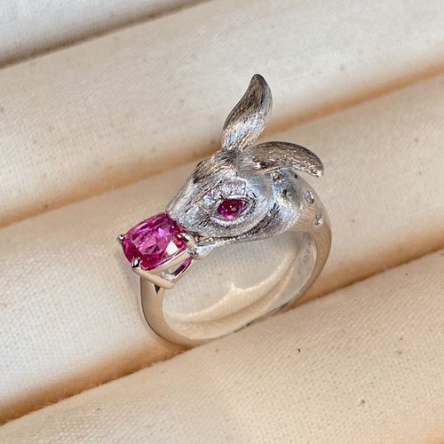 清仓 小众设计甜美复古925纯银镀真金卢比来粉钻拉丝兔子戒指