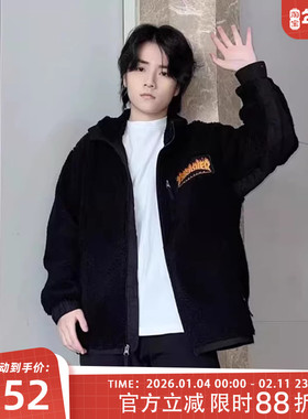 断码特价 THRASHER潮牌火焰刺绣羊羔毛情侣棉服宽松加绒夹克外套