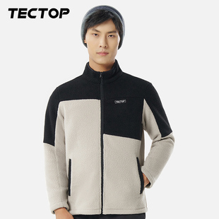 探拓户外羊羔毛外套女2023新款 加厚宽松 黑色拼接连帽抓绒衣男冬季