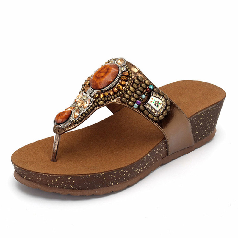 民族风夹趾凉鞋拖鞋水钻厚底牛皮