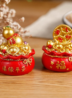 喜庆聚宝盆摆件钱袋财神桌摆车摆树脂工艺品可吉祥物红色装饰品