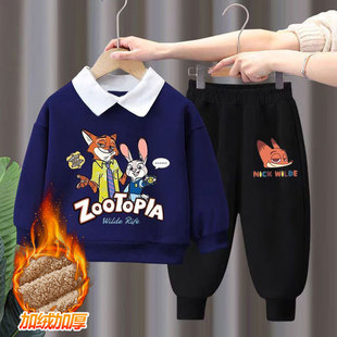 男童套装冬季卡通疯狂动物城翻领卫衣加绒Polo衫休闲酷帅两件套装