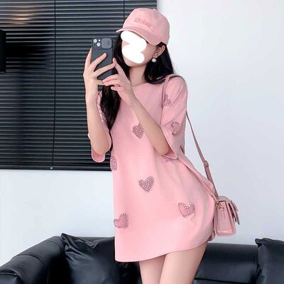 特大码全棉钉钻刺绣爱心短袖t恤女夏2025新款设计感宽松上衣休闲