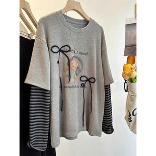 欧货大码300斤拼接条纹袖时尚假两件宽松长袖T恤慵懒风个性上衣