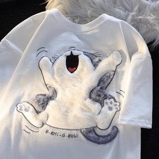 T恤大码 复古百搭植绒猫咪宽松遮肉显瘦短袖 300斤减龄上衣 美式 新款