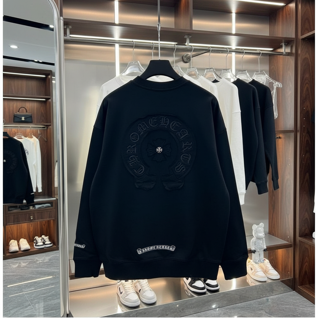 时尚欧美风贴布绣十字架加绒无帽卫衣大码秋冬潮牌套头圆领上衣