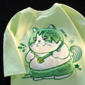 美式 上衣ins潮 情侣短袖 复古纯棉毛绒卡通刺绣T恤男女夏季 高街大码