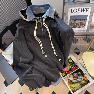 水洗做旧假两件polo衫 大码 连帽卫衣男女情侣半拉链潮流外套 款 秋季