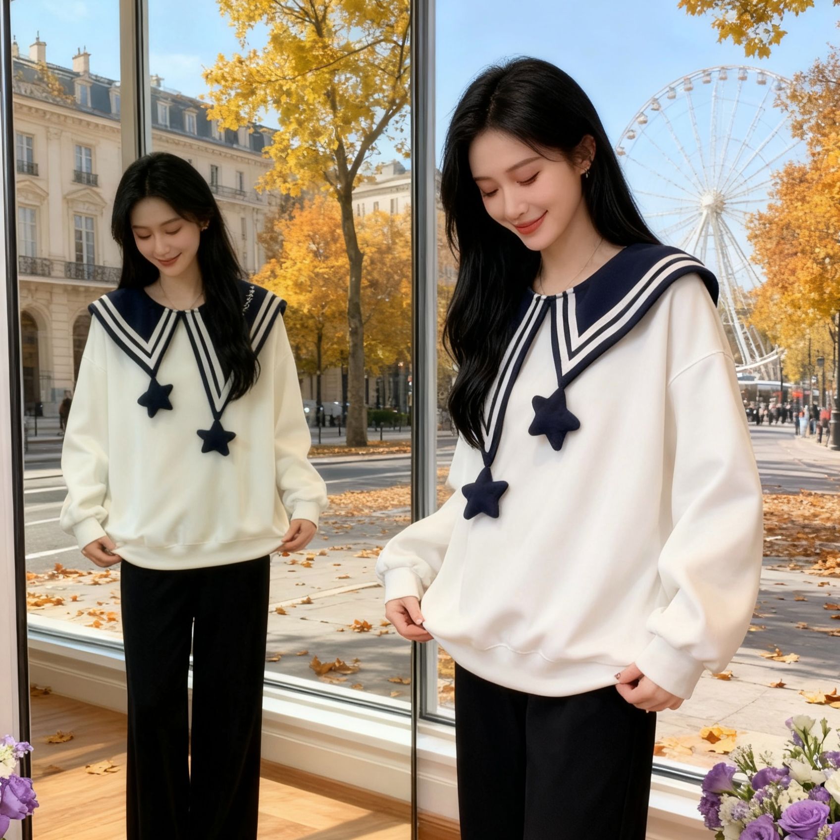 海军领设计加绒加厚卫衣女秋冬季大码时尚学院风减龄洋气宽松外套