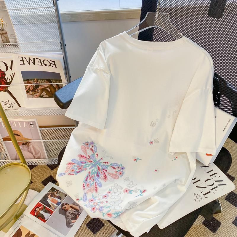 大码300斤中国风刺绣短袖t恤男女夏装宽松胖妹妹显瘦情侣款上衣潮