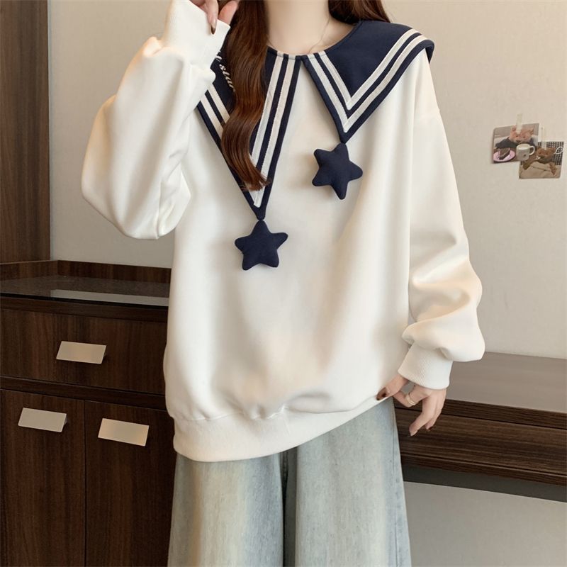 海军领正肩显瘦白色卫衣女2025早秋新款大码胖mm宽松遮肚减龄上衣