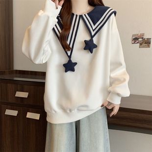 海军领正肩显瘦白色卫衣女2025早秋新款大码胖mm宽松遮肚减龄上衣