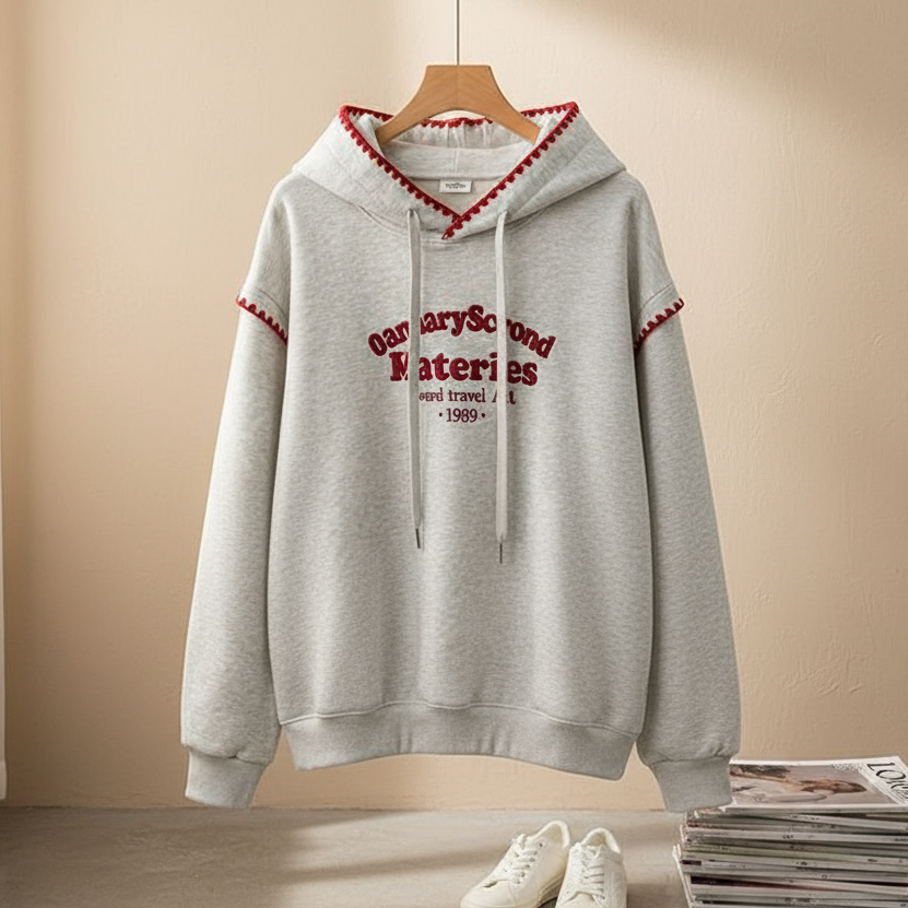大码时尚刺绣字母百搭连帽卫衣女秋冬复古加绒百搭韩版上衣外套