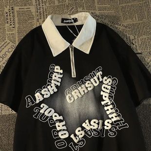 美式复古星星polo领短袖t恤男女宽松港风vintage半拉链情侣上衣