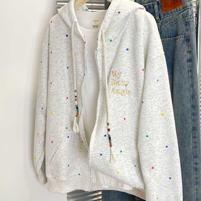 MARIS大码彩色波点布匹印秋冬宽松情侣外套拉链灰色连帽卫衣男女