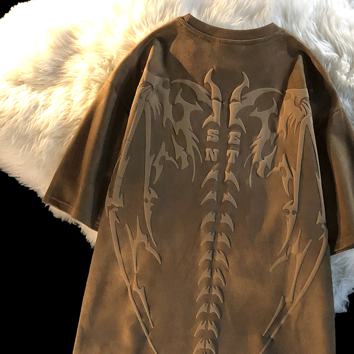 200g麂皮绒美式复古骷髅翅膀印花麂皮绒短袖宽松情侣百搭潮流体恤,女装/女士精品,T恤,淘宝优惠券,粉丝福利购,淘宝优惠卷