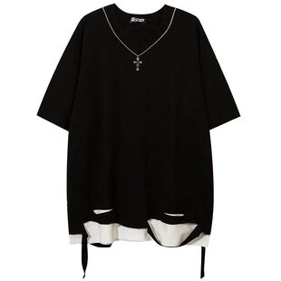纯棉大码假两件设计感项链短袖t恤男女情侣装嘻哈破洞潮牌上衣夏