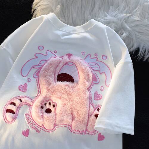 胖mm植绒刺绣情侣宽松T恤男女夏季ins甜美流行学院风纯棉大码短袖