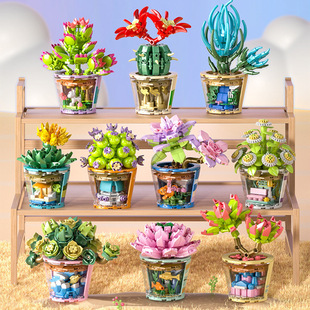 漫格积木潮玩多肉盆栽系列积木玩具儿童益智拼装模型桌面摆件礼物