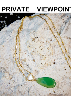 私人观点希腊女神典雅天然白贝绿玛瑙vintage复古925银镀金长项链