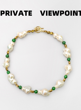 私人观点原创设计天然绿甘青串珠巴洛克珍珠复古简约个性手工项链