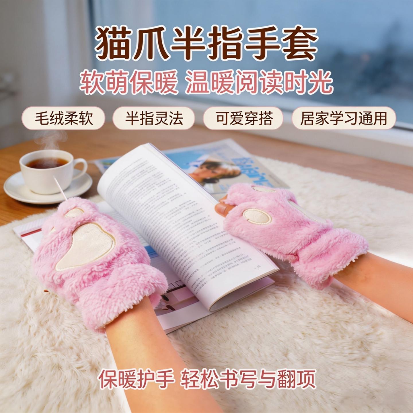 猫爪半指手套女冬季加绒可爱