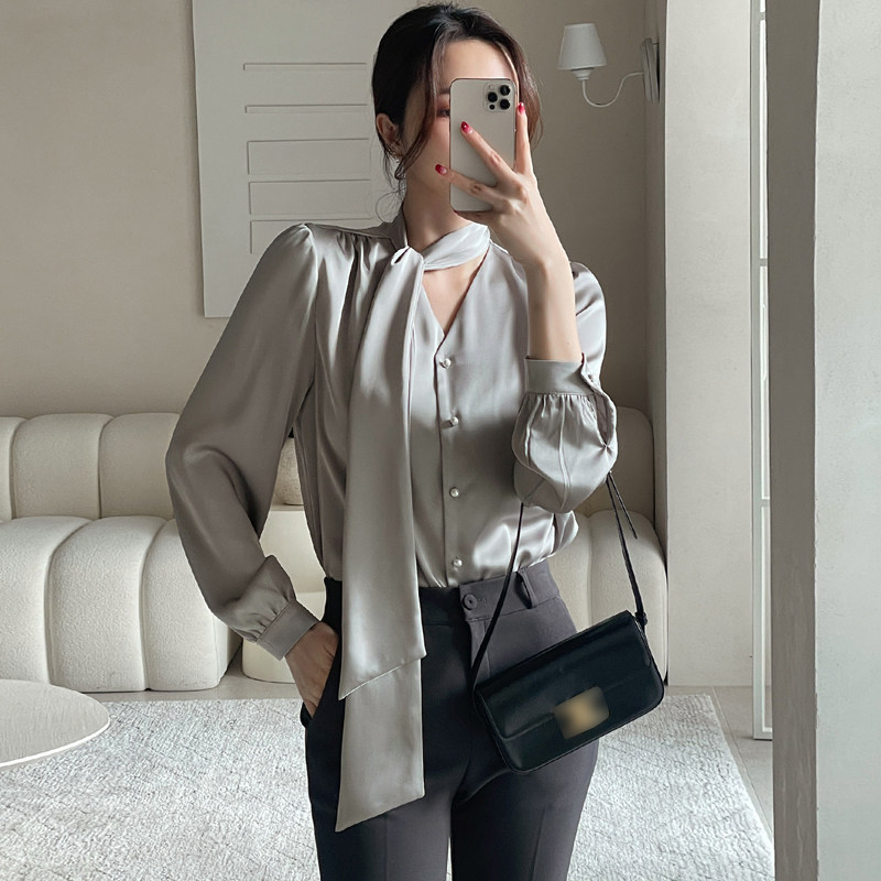 新款2026韩国Chic开衫长袖缎面衬衫系蝴蝶结V领纯色韩版衬衫女,女装/女士精品,时尚防晒服,淘宝优惠券,粉丝福利购,淘宝优惠卷