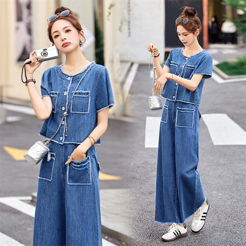 牛仔套装2026年夏季时尚气质休闲短袖上衣阔腿长裤两件套女百搭