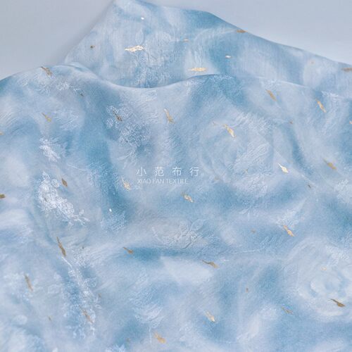 冰蓝玫瑰 复古朦胧印花蓝色烫金暗纹提花锦涤服装面料旗袍布料
