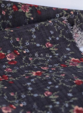 藏青色底红色小花印花复古亚麻布料纯麻田园风布包连衣裙童装面料
