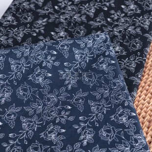 蓝黑白色简笔玫瑰60支全棉高支棉布料小碎花印花布包童装衬衫面料