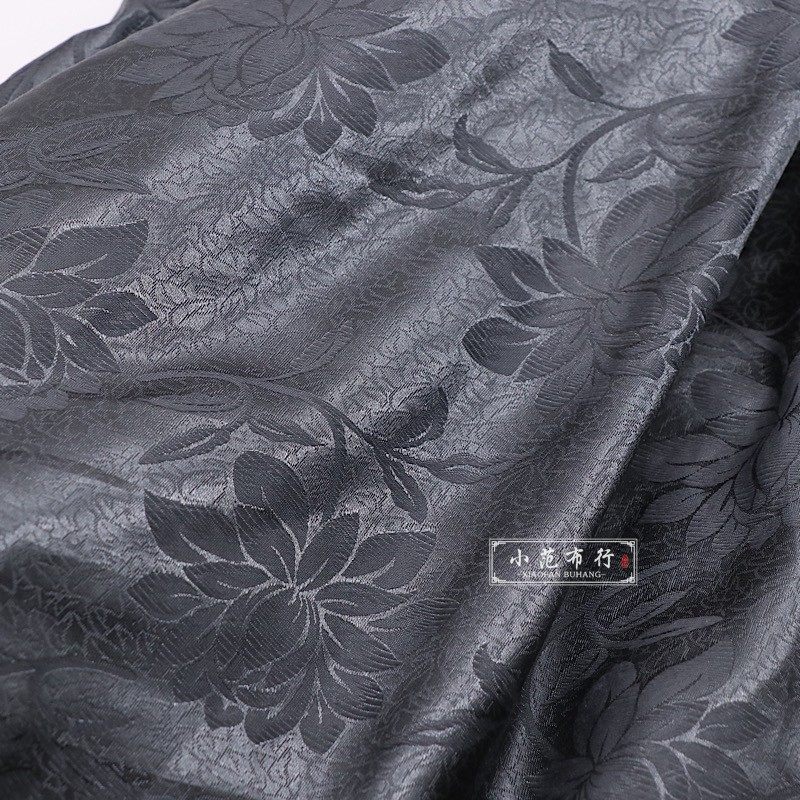 青灰色雪莲提花缎布料光泽感暗纹提花汉服旗袍古装设计师服装面料