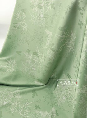 蝶戏竹 青绿色竹叶暗纹提花高档缎面印花布料 旗袍连衣裙垂坠面料