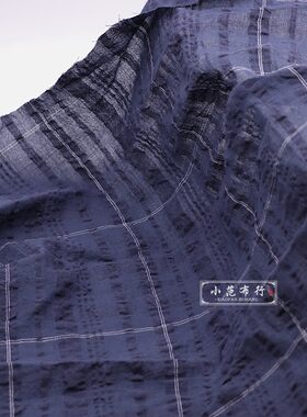 深蓝色泡泡条纹白色色织大格子棉麻布料 夏季衬衫裤子时装面料