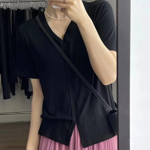 瘦瘦开叉贩贩家品质大码女T弹力螺纹莫代尔百搭透气V领上衣女