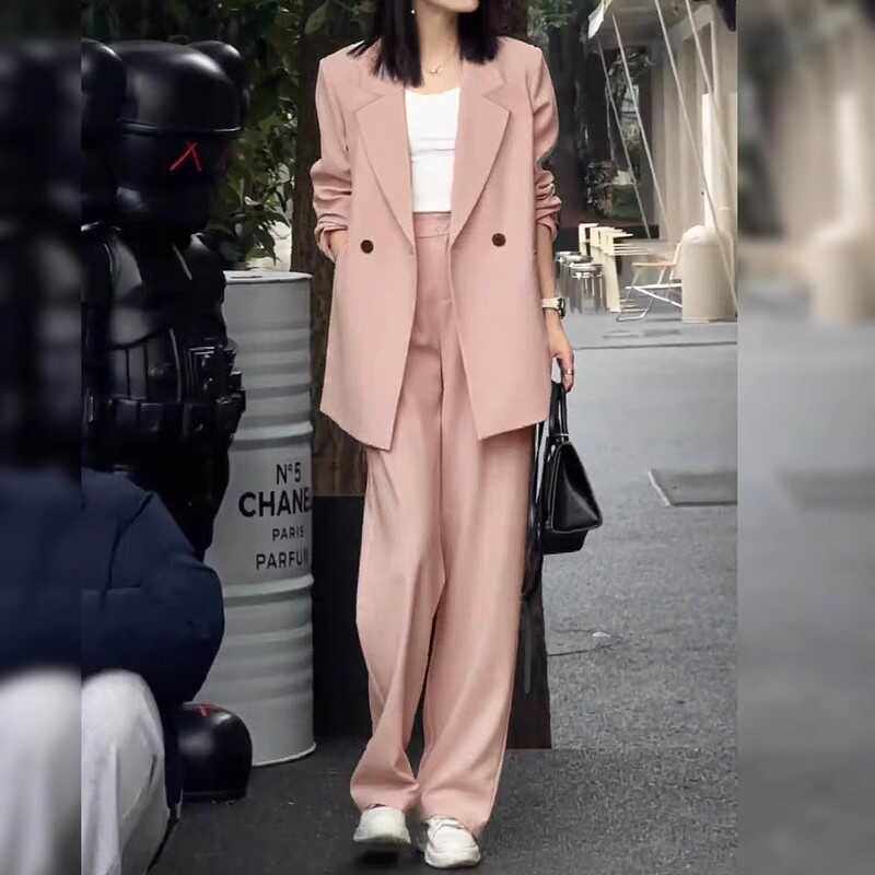 大码胖妹妹m西装外套阔腿裤套装女春秋显瘦休闲粉色宽松西服200斤