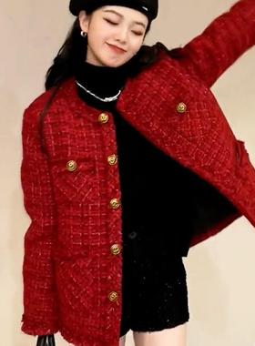胖mm新年红色小香风外套女2024秋冬大码富家千金高级感粗花呢上衣