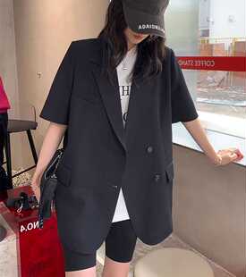 大码薄款西装外套女夏季胖mm短袖宽松休闲垂感中长款时尚气质西服