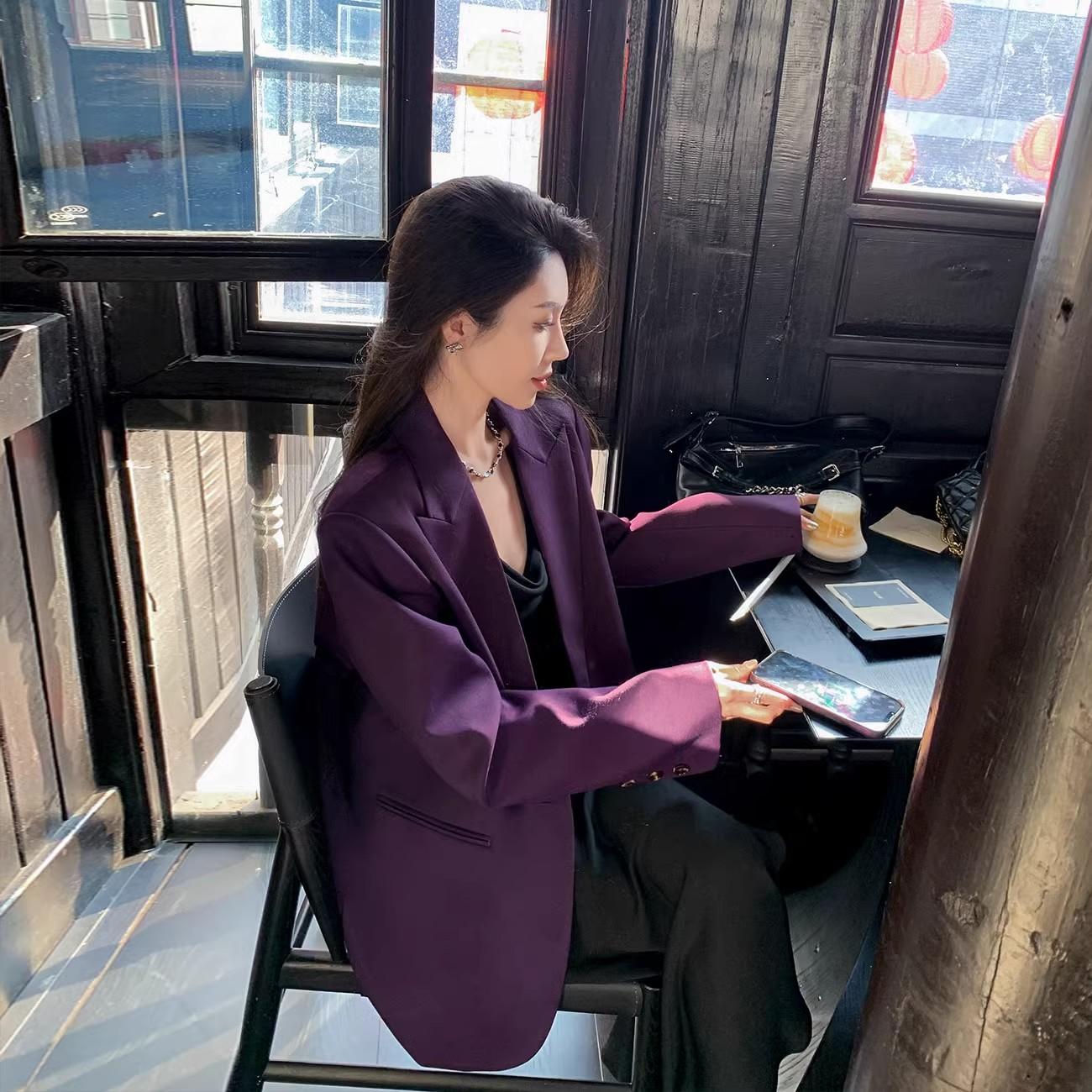 胖mm紫色西装外套女2025春秋