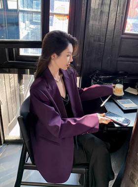 胖mm紫色西装外套女2025春秋大码宽松高级感设计职业休闲通勤西服