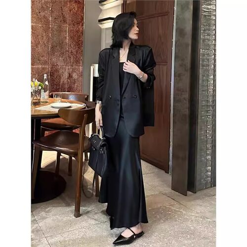 胖mm仿醋酸丝滑西装套装女夏薄款