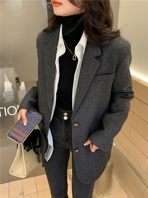 秋冬大码复古斜纹呢子西装外套女胖妹mm宽松西服短款加厚毛呢大衣