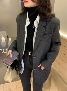 秋冬大码复古斜纹呢子西装外套女