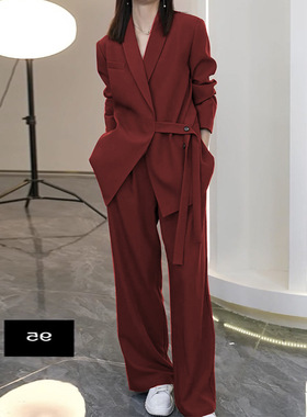 2025春秋新款特大码女装胖妹m套装宽松显瘦外套西装阔腿裤两件套