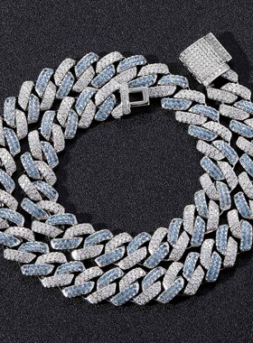 ICE BLING 14MM海蓝色锆石拼色菱形古巴链 小众嘻哈个性男士项链