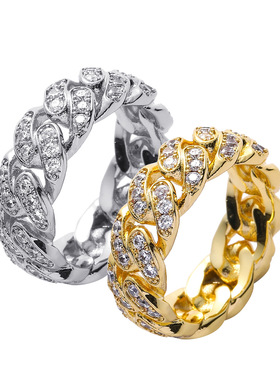 ICE BLING 8MM宽满钻小众设计古巴戒指 麻花猪鼻子超闪指环嘻哈潮