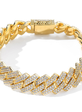 ICE BLING 14MM金色满钻锆石古巴手链男士嘻哈街头个性HIPHOP美式