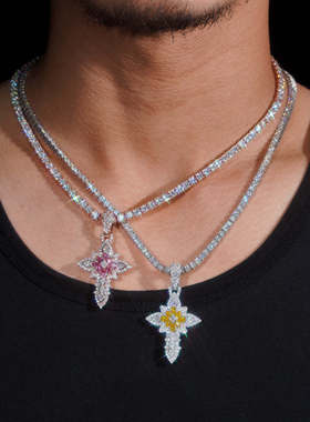 原创设计彩色花朵十字架吊坠项链